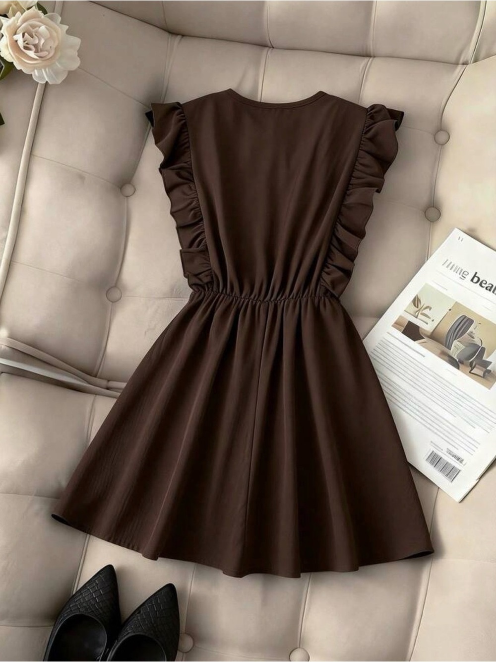 Ruffled Sleeveless Mini Dress Chocolate Brown (Belt not Included) - Picture 2 of 3